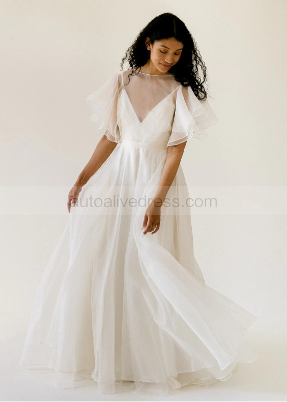 Flutter Sleeves Ivory Organza V Back Dreamy Wedding Dress